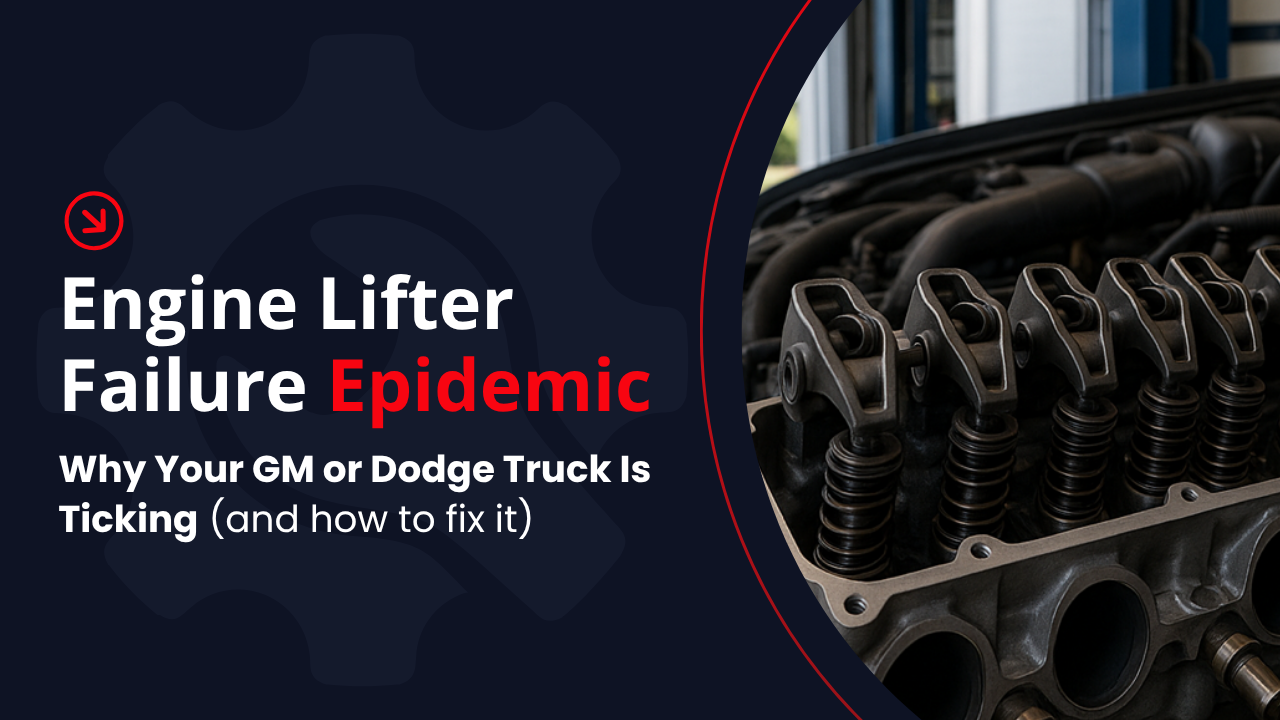 A high-resolution, photorealistic image of a V8 engine bay on a lift inside a clean Lakeland auto repair shop. Focus on the valve lifters and rocker arms, bright Florida daylight through bay doors, no people.